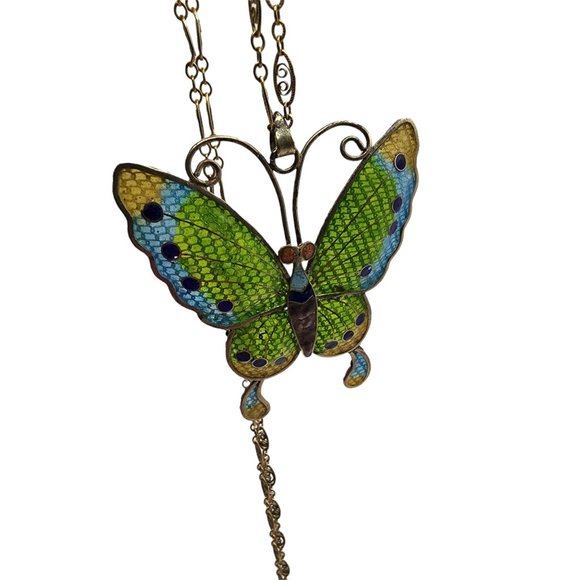 Vintage Plique A Jour Butterfly Pendant Necklace (A663) - Picture 2 of 4